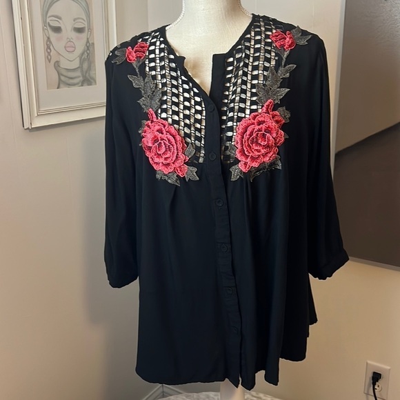 JJ Fairyland Black Peasant Blouse Size Large - Picture 4 of 16